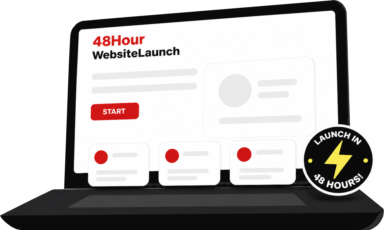 Website launch laptop mockup with launch in 48 hours badge
